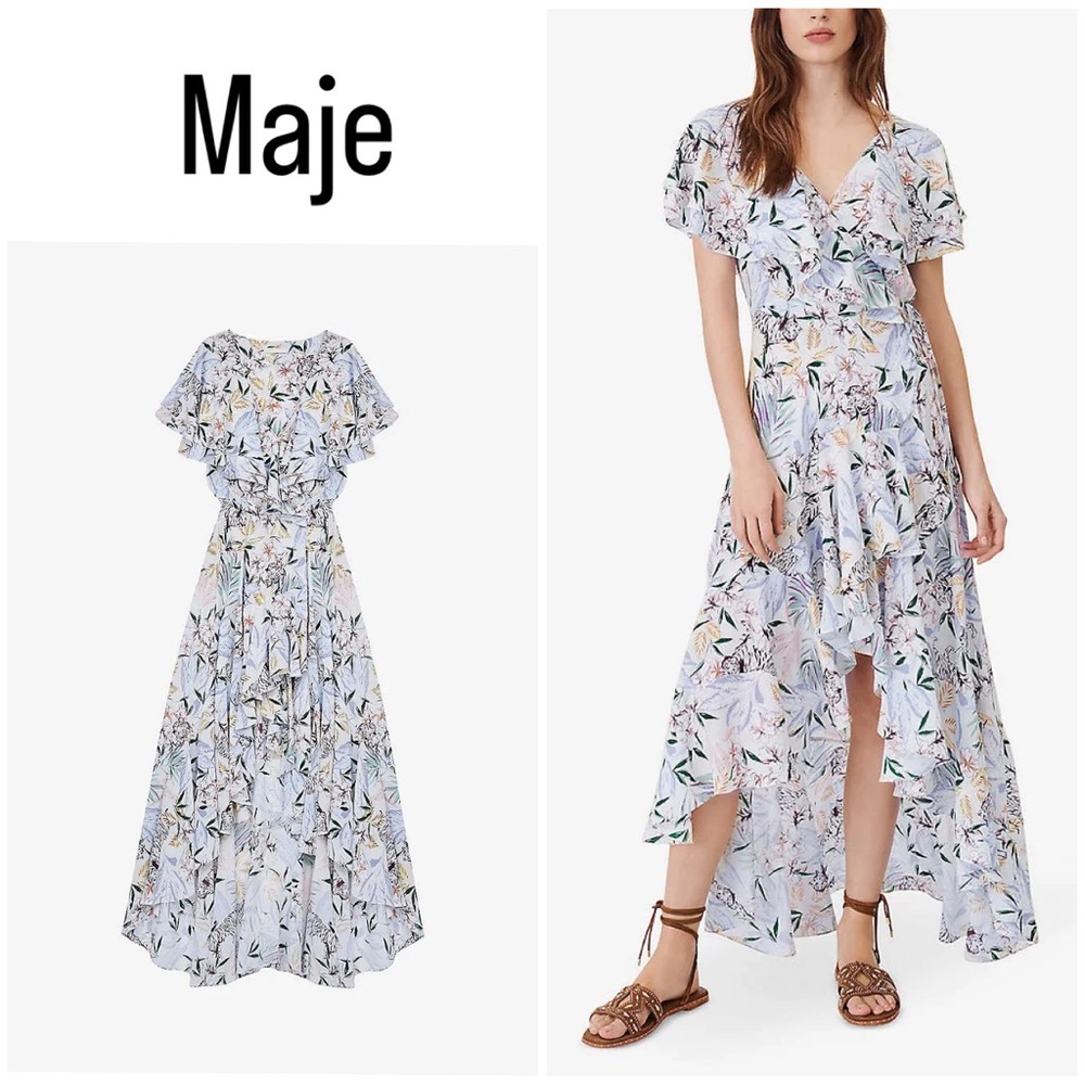 MAJE ~ Rivale Floral-Print Satin Wrap Maxi Dress